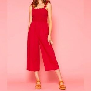 Minkpink Smocked Wide Leg Cropped Jumpsuit Smocked with Tie Straps Size Small
